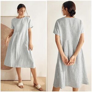 Lintico Morgan 100% Linen Striped Short Sleeve Midi Dress Boho Lagenlook Size S